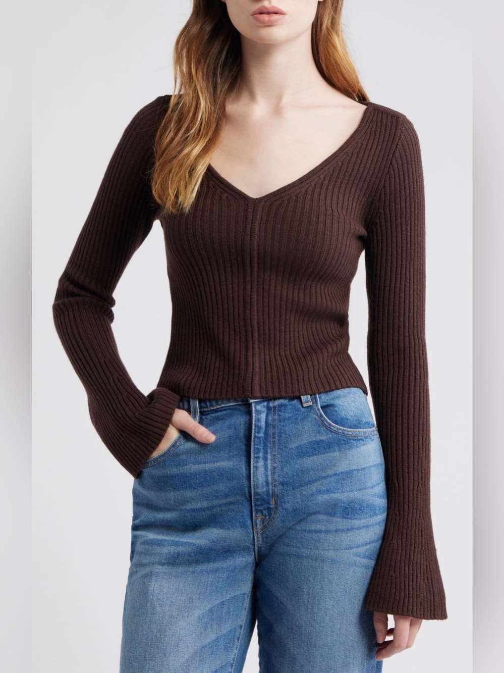 Madewell Ribbed V-Neck Sweater Top in Merino Wool - Chocolate Raisin